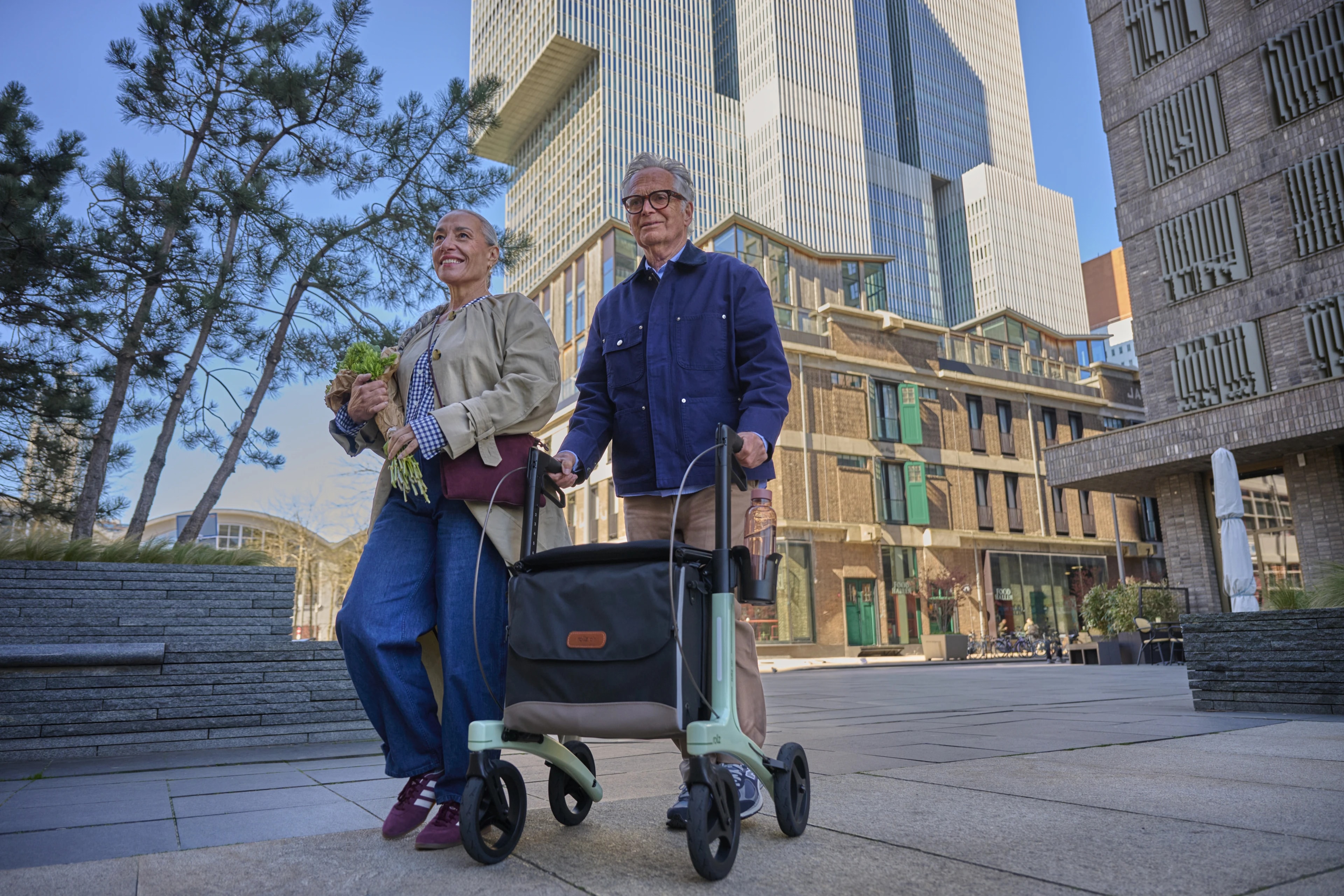 A Rollz Air rollator out on a city street.